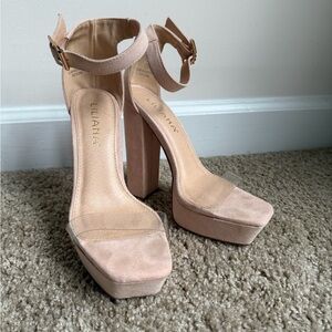 Liliana Nude Suede Platform Block Heels with Clear Toe Strap